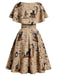 Khaki 1950s Cat Newspaper Print Capelet Belted Swing Dress