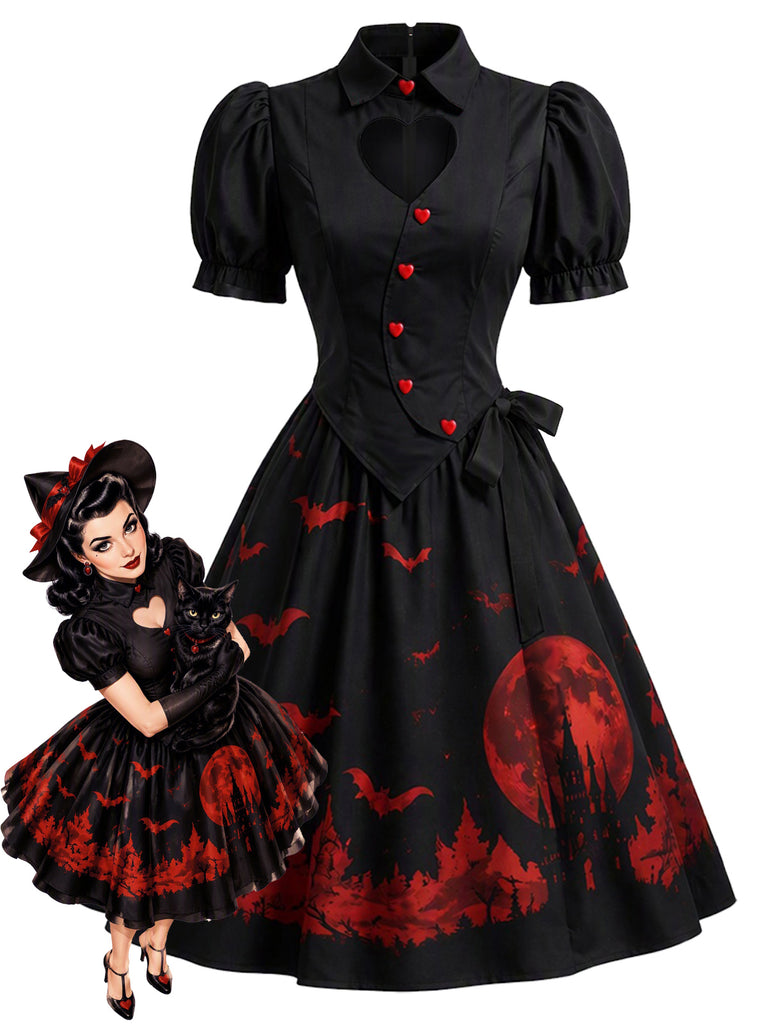 [Pre-Sale] Black 1950s Bat Moon Print Heart Cutout Swing Dress
