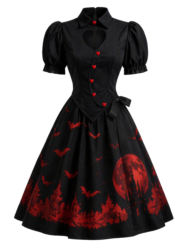 Black 1950s Bat Moon Print Heart Cutout Swing Dress