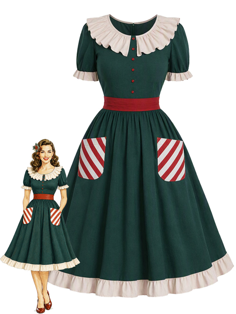 [Pre-Sale] 1950s Christmas Ruffle Red Green Midi Dress 3