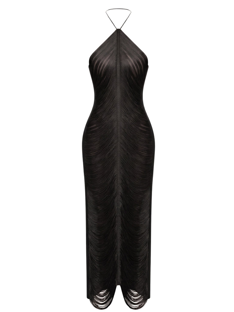 Fringe Halter Back Slit Evening Maxi Dress 1