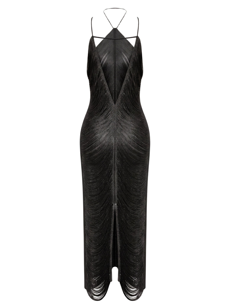 Fringe Halter Back Slit Evening Maxi Dress 2