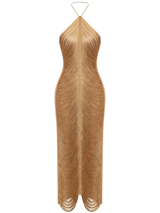 Fringe Halter Back Slit Evening Maxi Dress 3