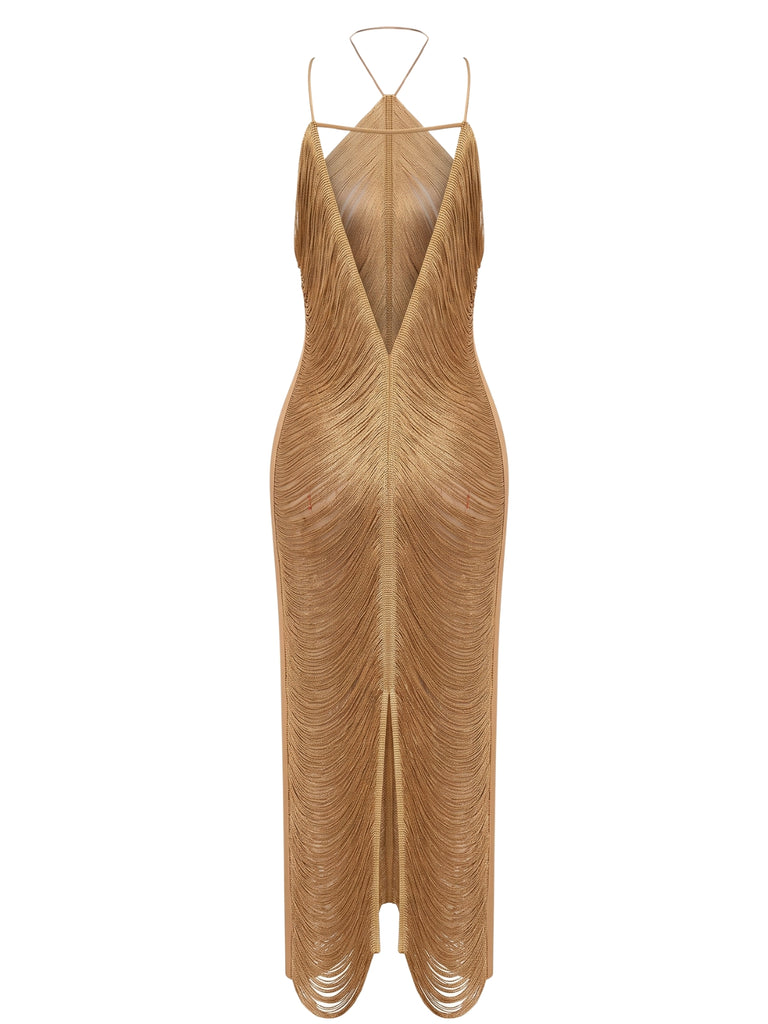 Fringe Halter Back Slit Evening Maxi Dress 4