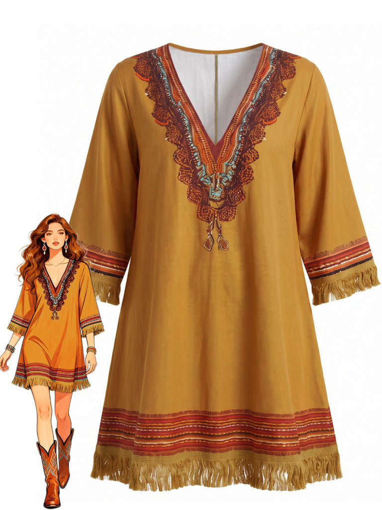 Brown 1970s V-Neck Boho Tassel Fringe Dress