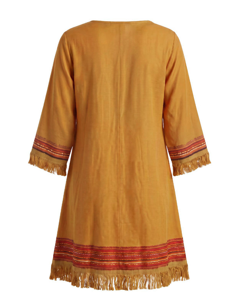 Brown 1970s V-Neck Boho Tassel Fringe Dress