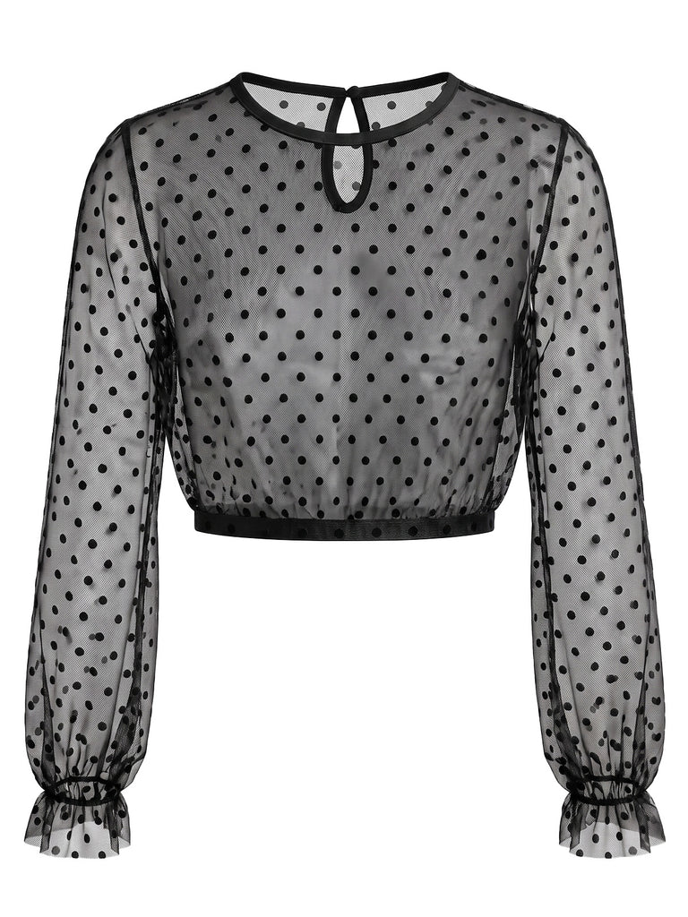 1950s Polka Dot Mesh Crop Top with Ruffled Cuffs
