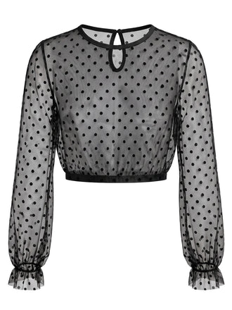 1950s Polka Dot Mesh Crop Top with Ruffled Cuffs