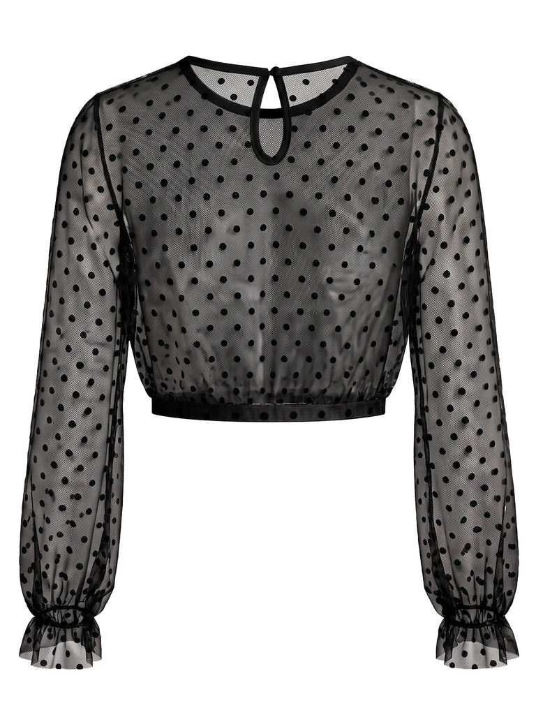 1950s Polka Dot Mesh Crop Top with Ruffled Cuffs