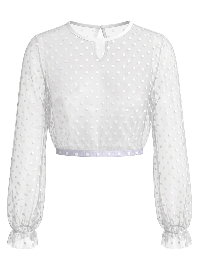 1950s Polka Dot Mesh Crop Top with Ruffled Cuffs