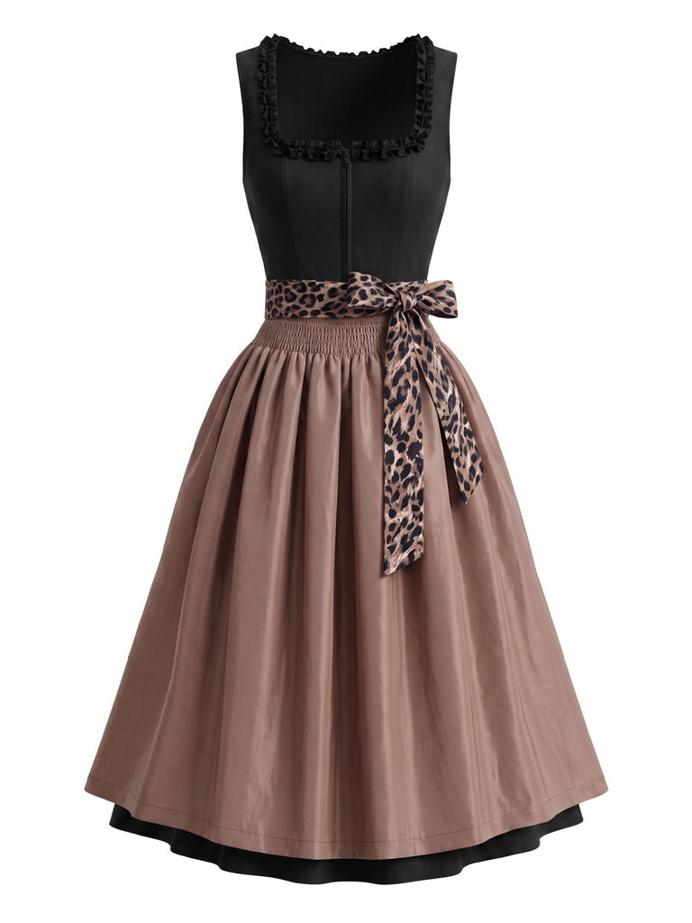 Brown 1950s Ruffled Square Neck Dress & Leopard Apron