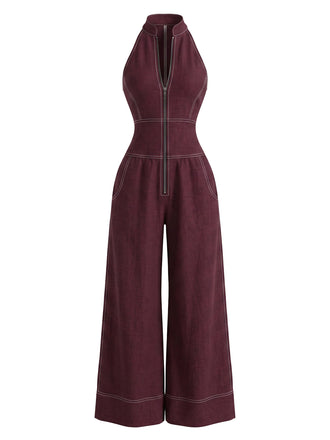 1940s Halter Wide-Leg Denim-Look Jumpsuit