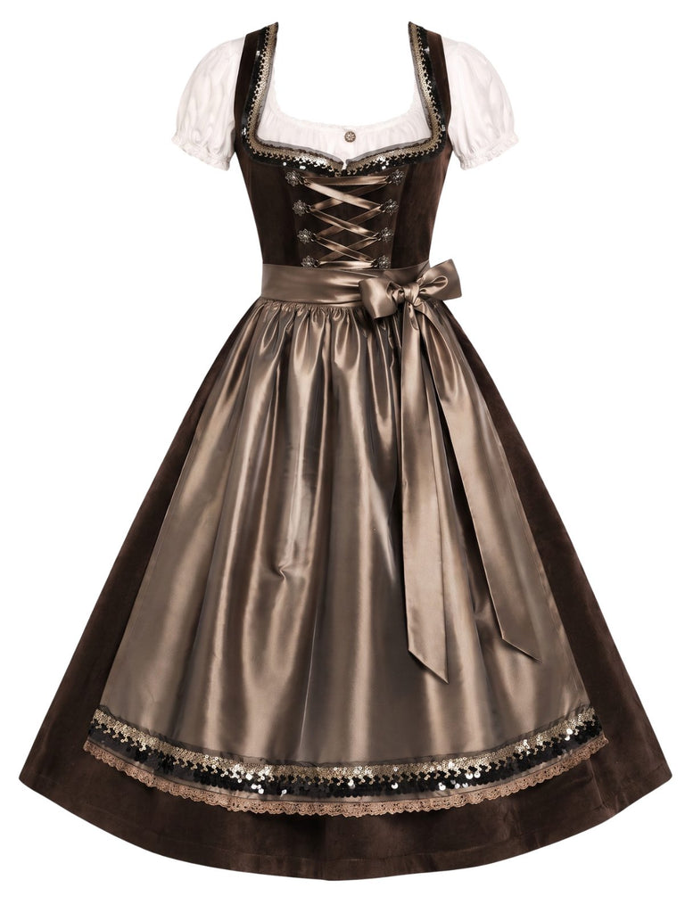 [Pre-Sale] Brown 1950s Lace Up Square Neck Dress & Apron & Puff Sleeve Top
