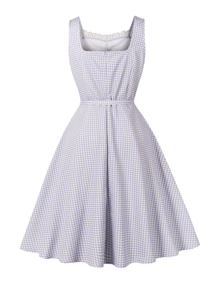 Lavender 1950s Gingham Lace Trim Pocket Fitted Dress