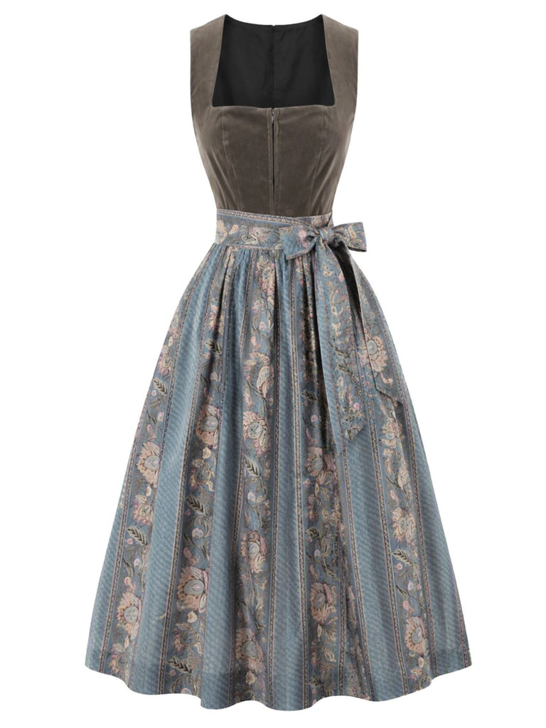 Gray 1950s Faux Suede Square Neck Dress & Floral Stripe Apron