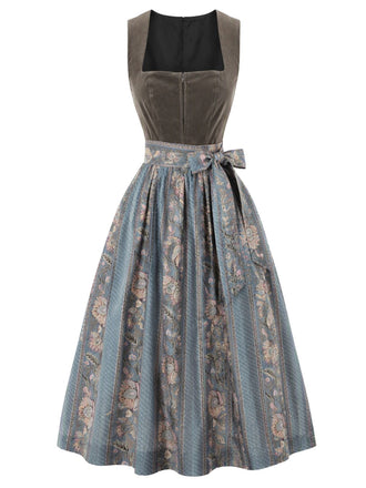 Gray 1950s Faux Suede Square Neck Dress & Floral Stripe Apron