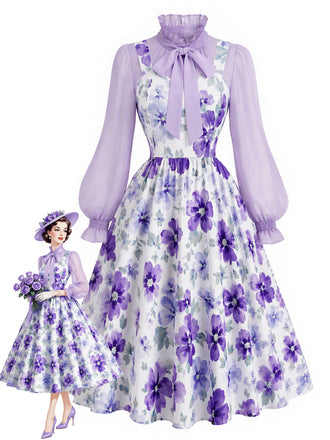 [Pre-Sale] 2PCS 1950s Bow-Tie Neck Blouse & Ditsy Floral Dress