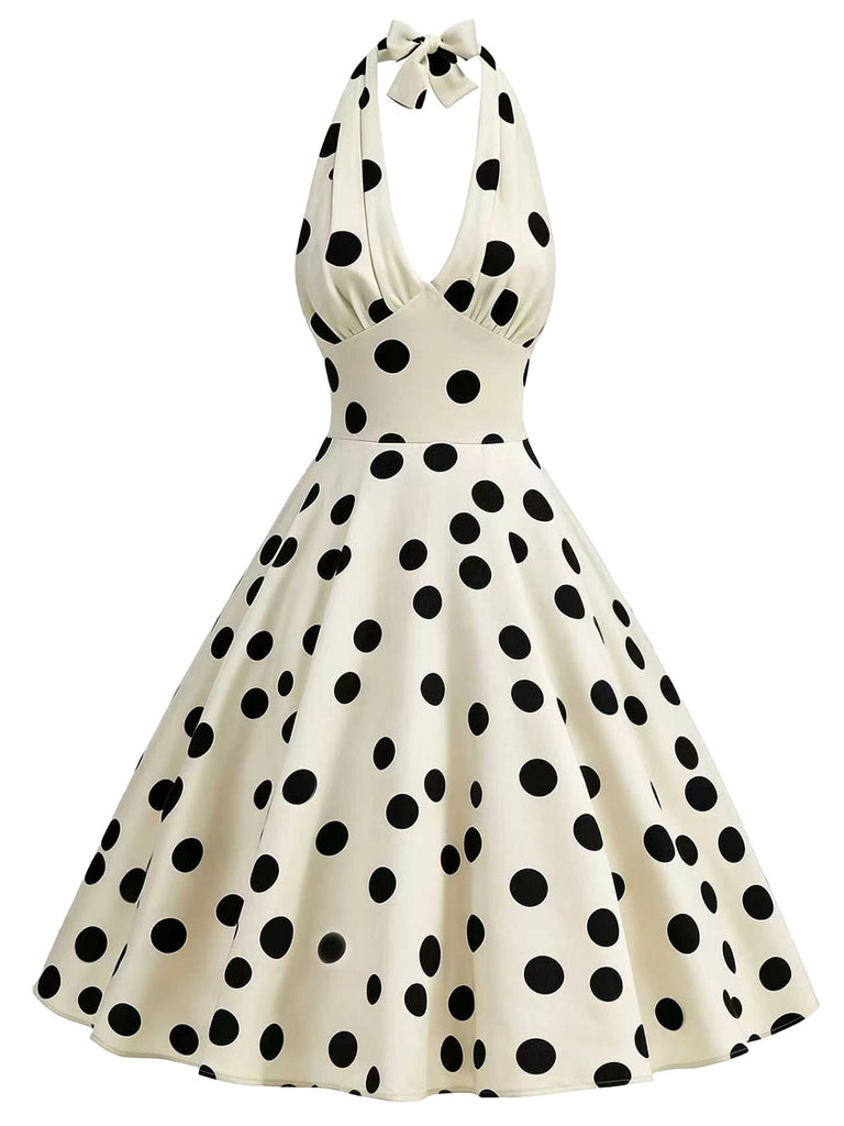 Beige 1950s Polka Dot Halter Dress 1