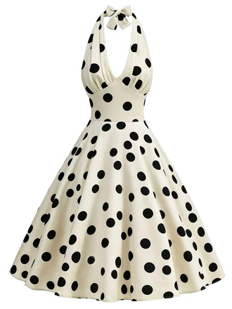 Beige 1950s Polka Dot Halter Dress 1