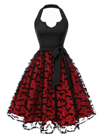 [Pre-Sale] Red & Black 1950s Halter Halloween Bat Tulle Bow Dress