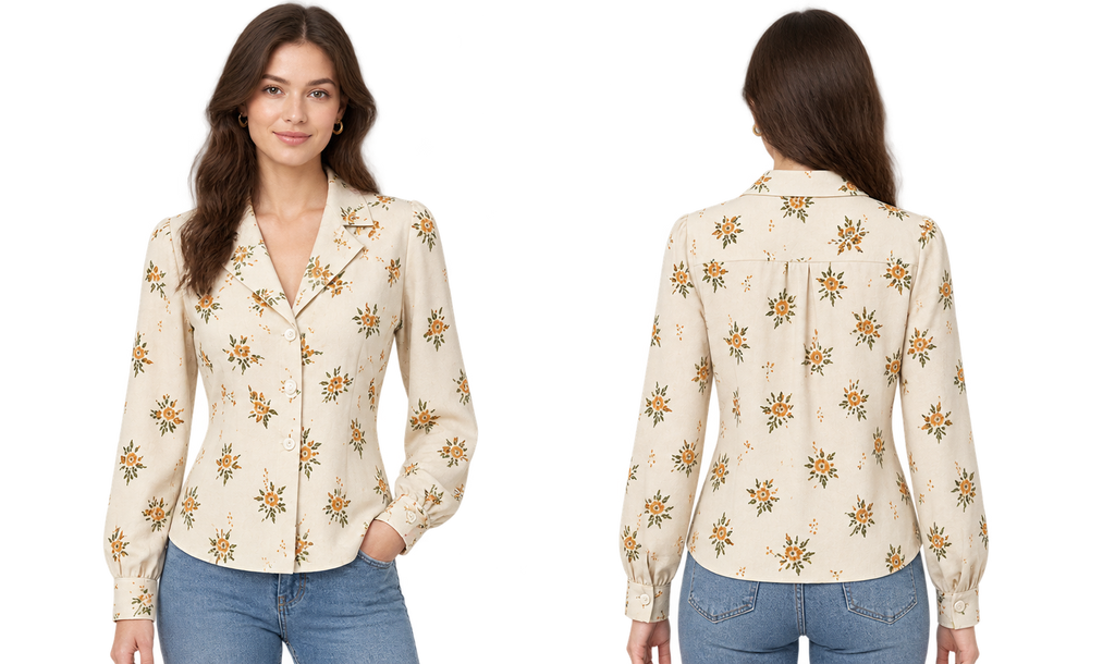 [Pre-Sale] 1960s Printed Notched Collar Long Sleeve Blouse 2