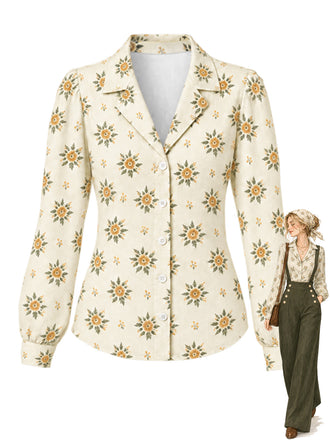 [Pre-Sale] 1960s Printed Notched Collar Long Sleeve Blouse 4