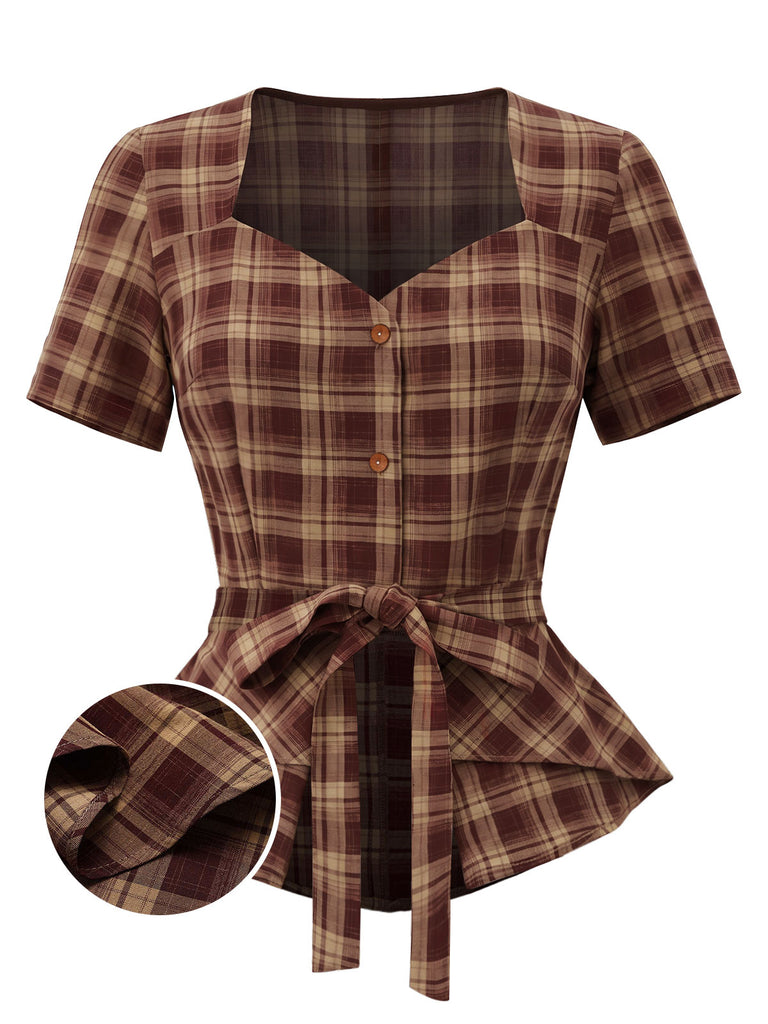 [Pre-Sale] 1950s Brick Red Plaid Sweetheart Neck Blouse 1