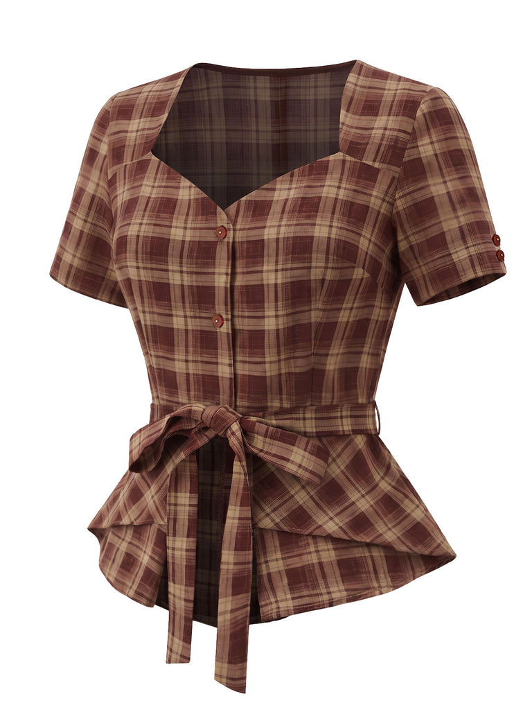 [Pre-Sale] 1950s Brick Red Plaid Sweetheart Neck Blouse 3