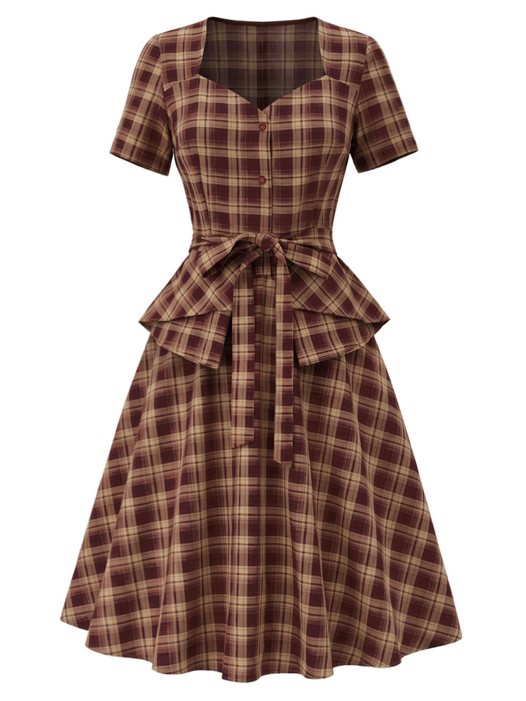 [Pre-Sale] 1950s Brick Red Plaid Sweetheart Neck Blouse 10