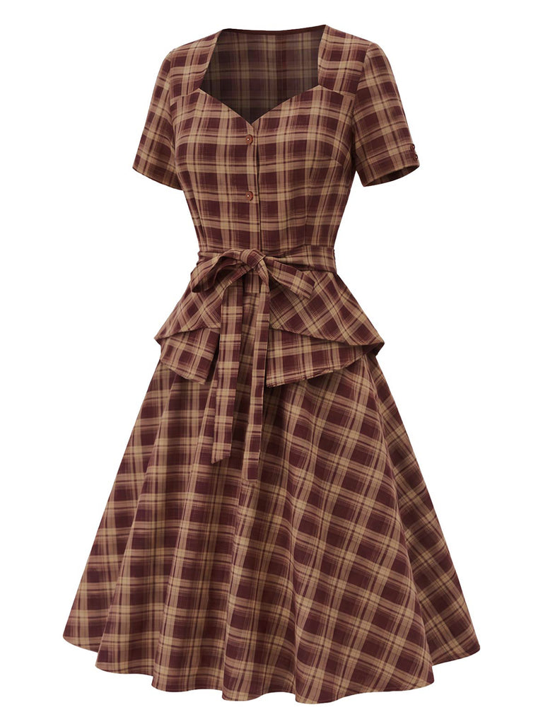 [Pre-Sale] 1950s Brick Red Plaid Sweetheart Neck Blouse 11