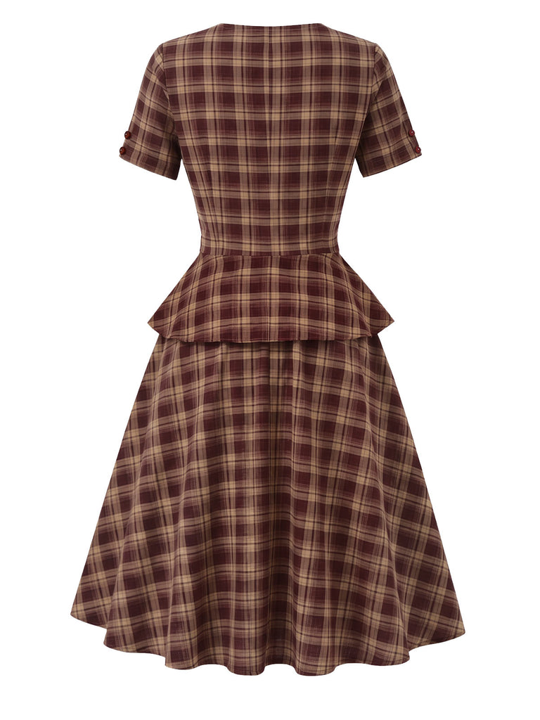 [Pre-Sale] 1950s Brick Red Plaid Sweetheart Neck Blouse 12