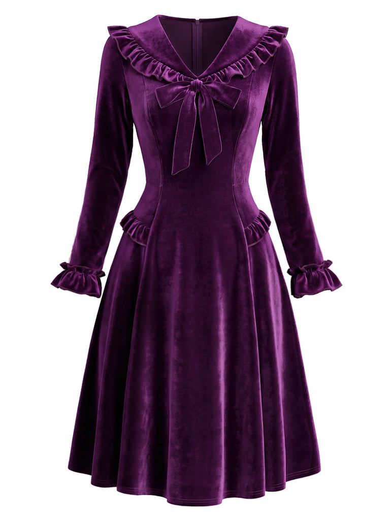 [Pre-Sale] 1960s Purple Velvet Ruffle Collar Midi Dress 3