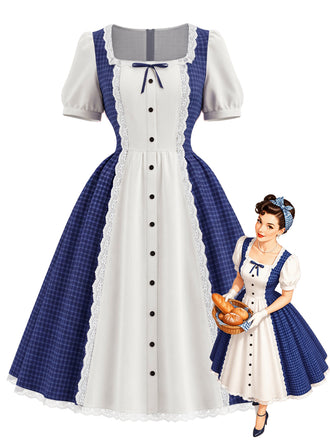 蓝白拼色 1950s Plaid Square Neck Dress 1