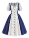 蓝白拼色 1950s Plaid Square Neck Dress 2