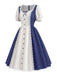 蓝白拼色 1950s Plaid Square Neck Dress 3