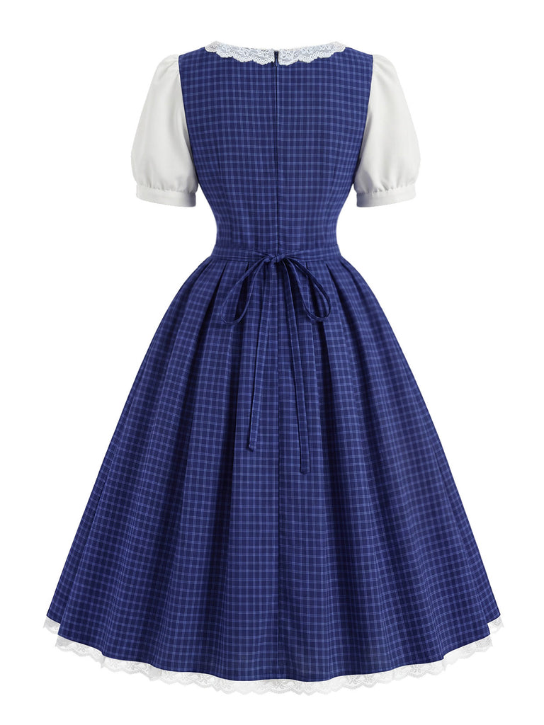 蓝白拼色 1950s Plaid Square Neck Dress 4