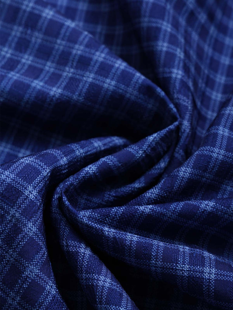 蓝白拼色 1950s Plaid Square Neck Dress 7