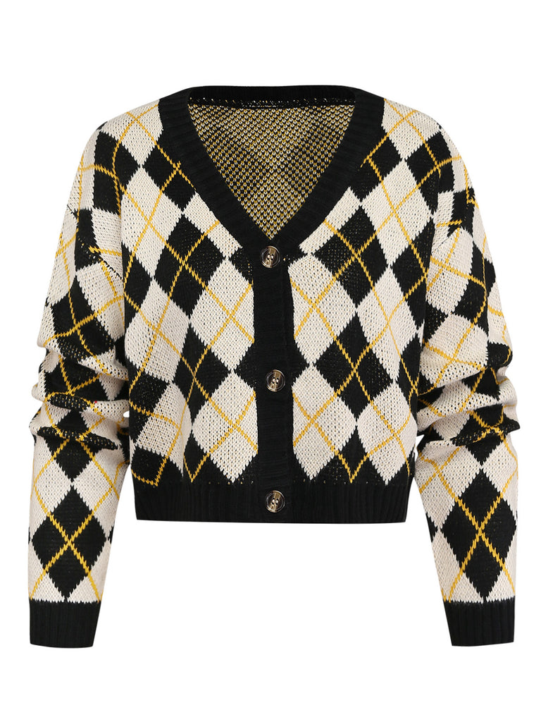 Color Block Diamond Knit Cropped Cardigan 1
