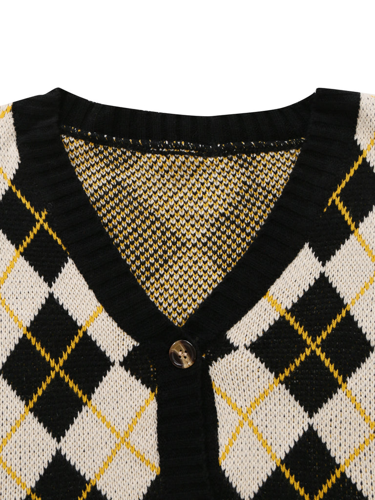 Color Block Diamond Knit Cropped Cardigan 3
