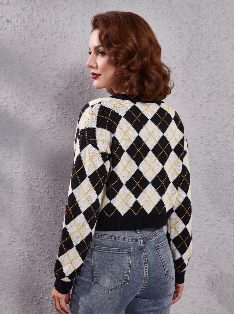 Color Block Diamond Knit Cropped Cardigan 8