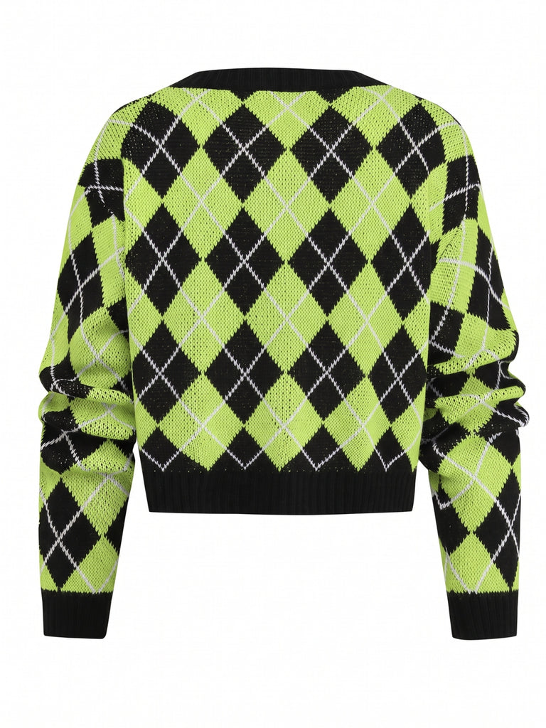 Color Block Diamond Knit Cropped Cardigan 10