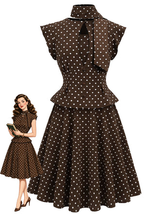 [Pre-Sale] Brown 1950s Polka Dot Tie Neck Peplum Top & Skirt Set