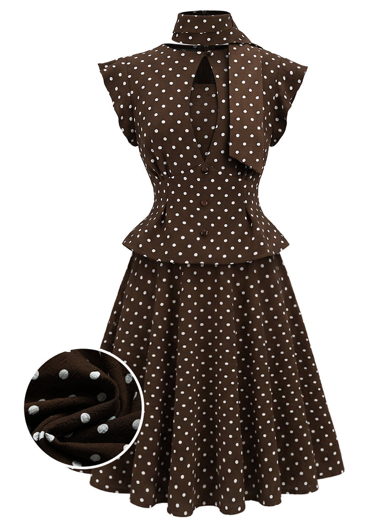 [Pre-Sale] Brown 1950s Polka Dot Tie Neck Peplum Top & Skirt Set
