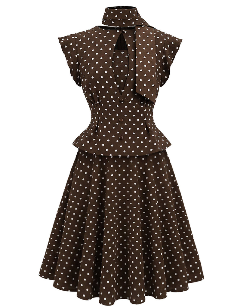 [Pre-Sale] Brown 1950s Polka Dot Tie Neck Peplum Top & Skirt Set