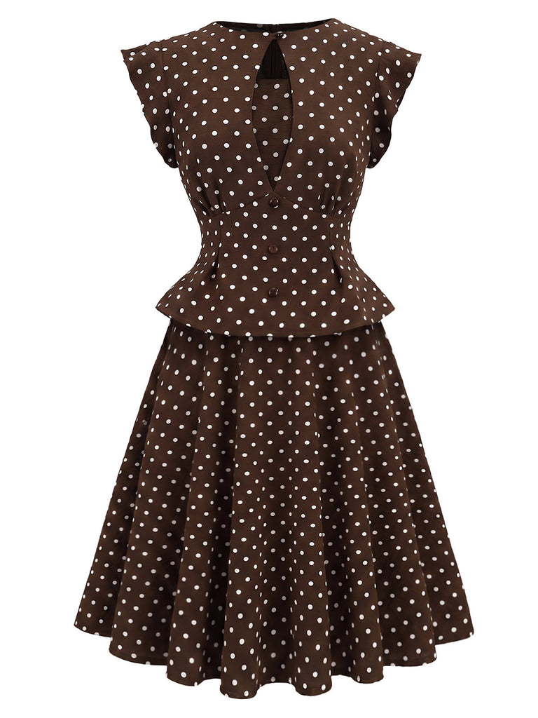 [Pre-Sale] Brown 1950s Polka Dot Tie Neck Peplum Top & Skirt Set
