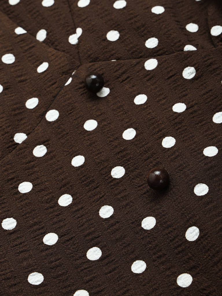 [Pre-Sale] Brown 1950s Polka Dot Tie Neck Peplum Top & Skirt Set