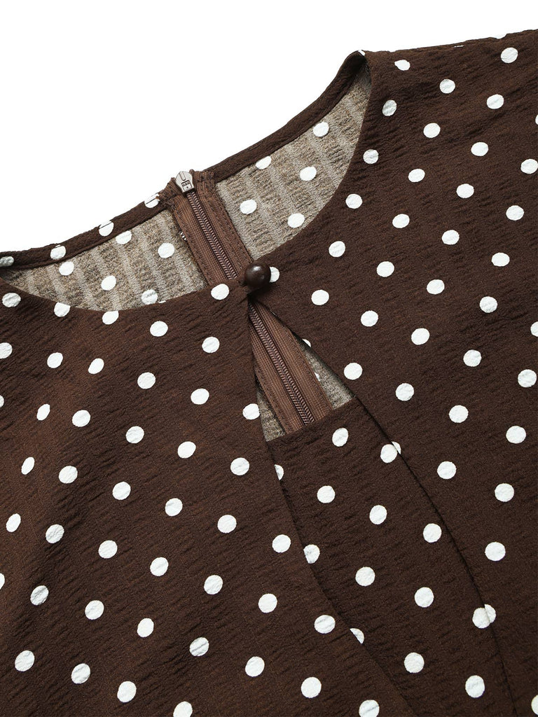 [Pre-Sale] Brown 1950s Polka Dot Tie Neck Peplum Top & Skirt Set