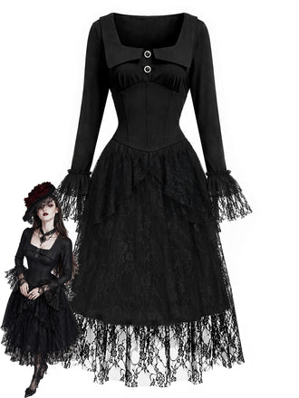 [Pre-Sale] 1970s Black Square Neck Gothic Knit Dress 1