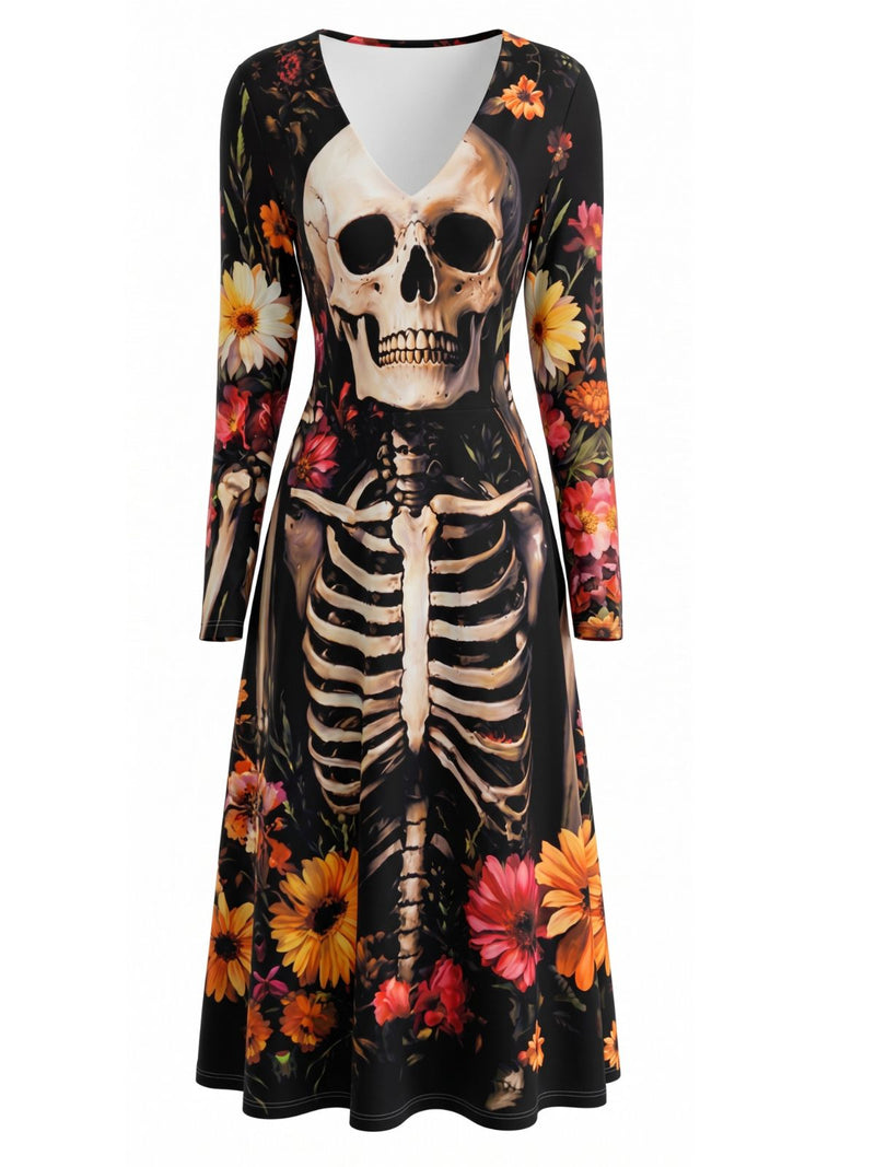 1940s Skeleton Skull Floral Print Long Sleeve Midi Dress | Retro Stage