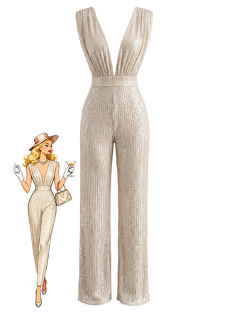 Champagne 1980s Sequin Deep V Neck Wide Leg Jumpsuit